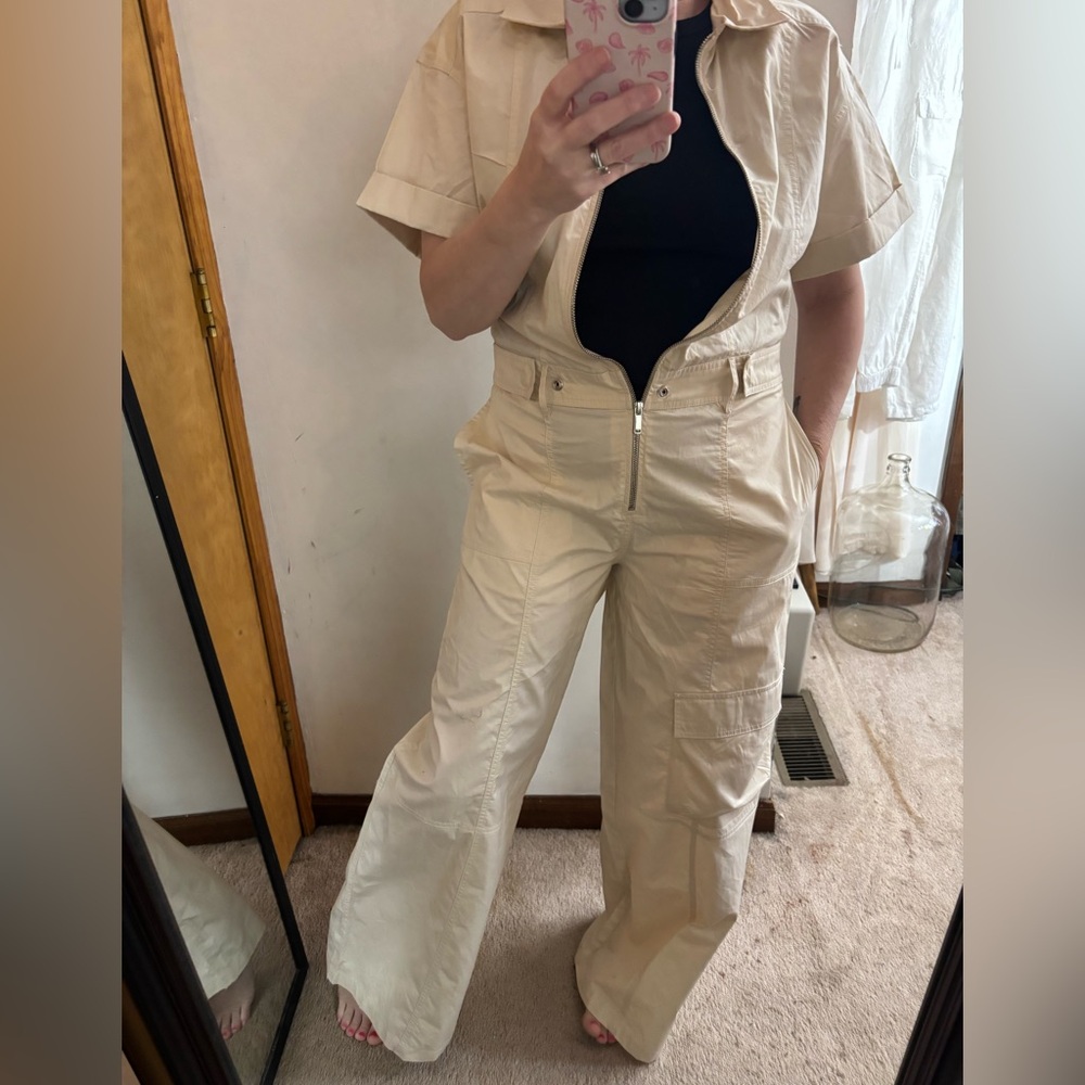 ZARA NWOT Women's Beige Cotton Cargo Utility Wide Leg Zip Jumpsuit - Picture 7 of 14